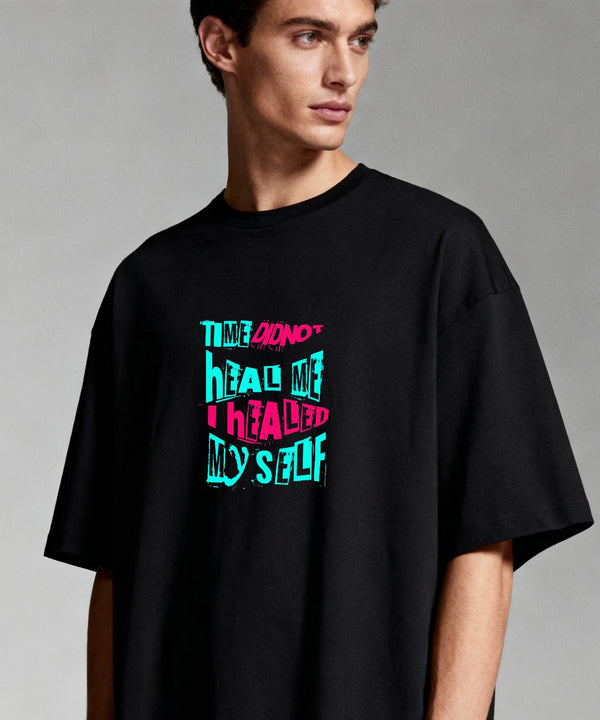 ONVING'S ORIGINALS “HEALED MY SELF” 240GSM BLACK OVERSIZE UNISEX T-SHIRT
