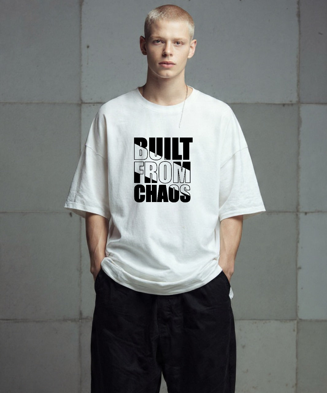 ONVING'S ORIGINALS “BUILT FROM CHAOS” 240GSM White OVERSIZE UNISEX T-SHIRT